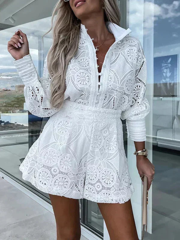 Women's Crochet Lace 2-Piece Set Long Sleeve Shirt and Shorts