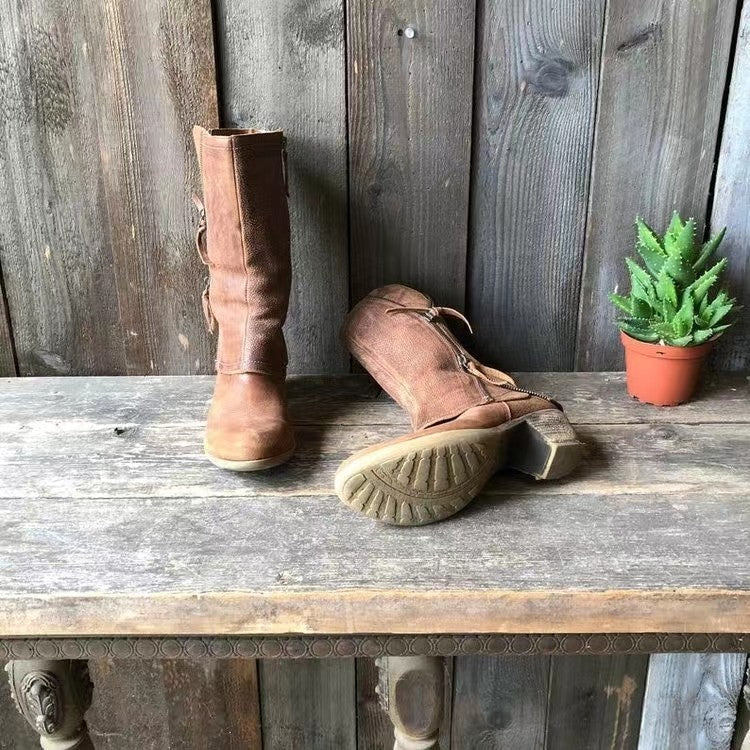 Women’s Leather Pull On Mid Heel Calf Boots