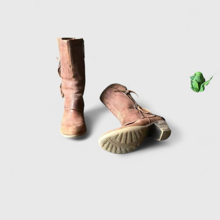 Bottes pour femmes en cuir, talon bas, fermeture éclair, bout rond, mi-mollet