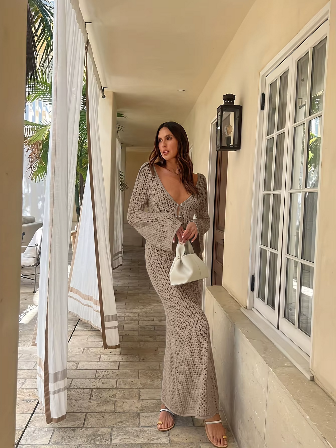 Women’s Knit Crochet Flare Sleeve Maxi Dress Beach Cover Up