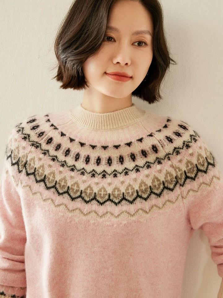 Women's Wool Knit Sweater Pullover Crewneck Fair Isle Knitwear