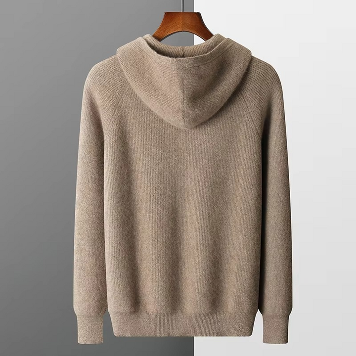 Męska bluza z kapturem, w pełni rozpinana, z dzianiny z wełny merino, typu sweter kurtka