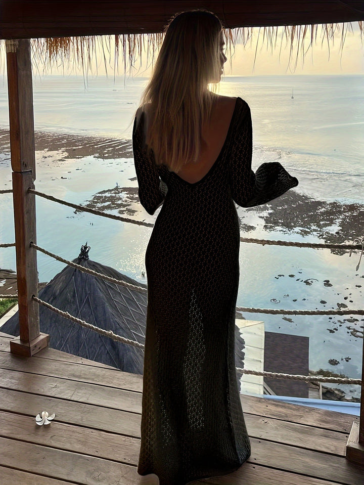 Women’s Knit Crochet Flare Sleeve Maxi Dress Beach Cover Up