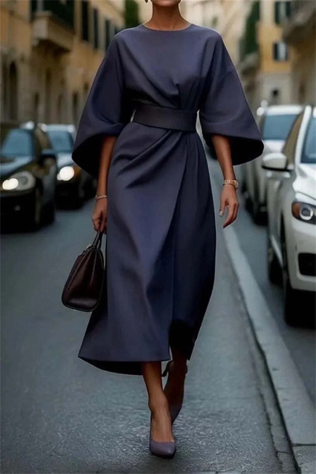 Women's Linen Blend Midi Dress with Belted Waist and Bell Sleeves