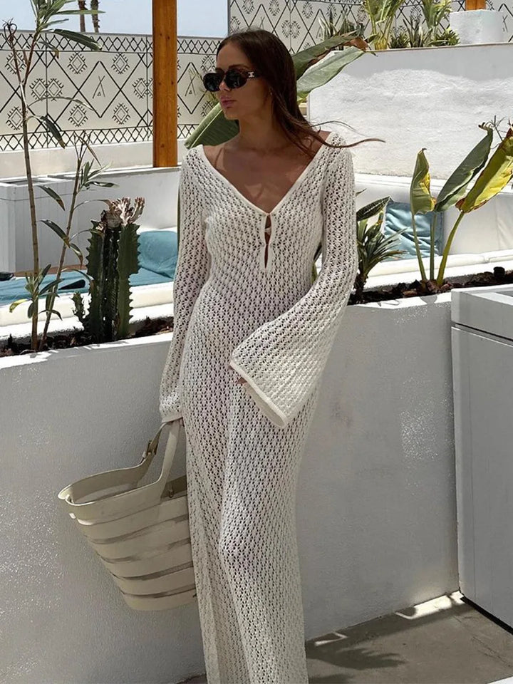 Women’s Knit Crochet Flare Sleeve Maxi Dress Beach Cover Up