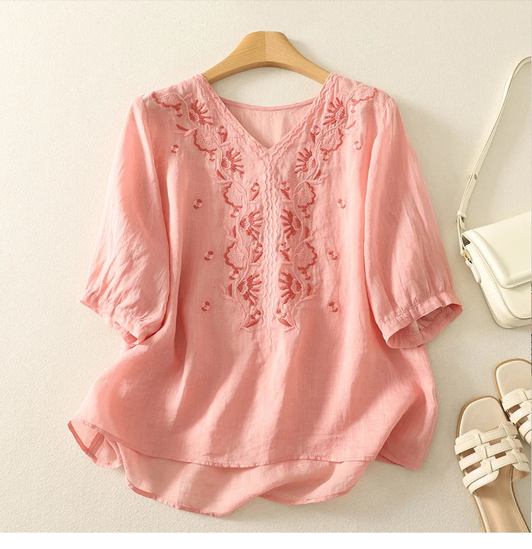 Women's Linen Embroidered Blouse V-Neck Casual Short Sleeve Top