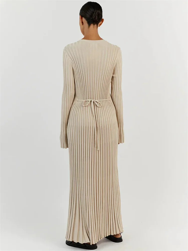 Knit Maxi Dress for Women Ribbed Long Sleeve Dress