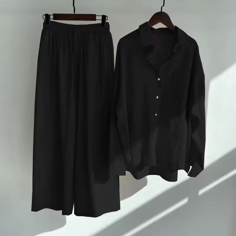 Women's Linen Blend Long Sleeve Shirt Wide Leg Pants Co-ord Set