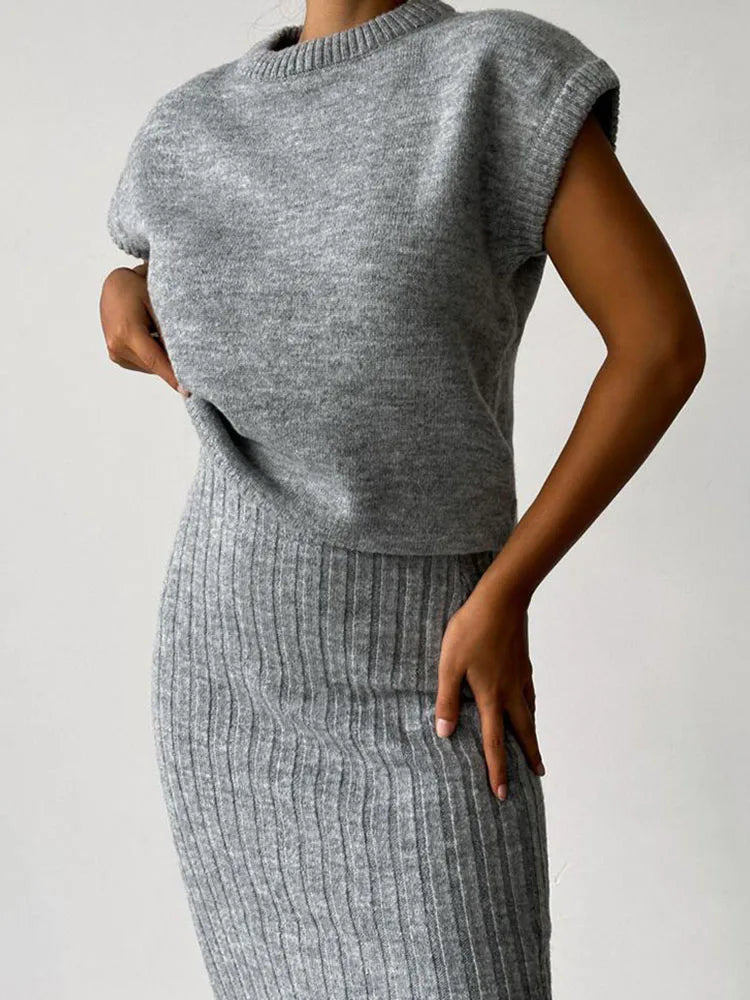 Women Knit Midi Skirt and Short Sleeve Top Two- Piece Set