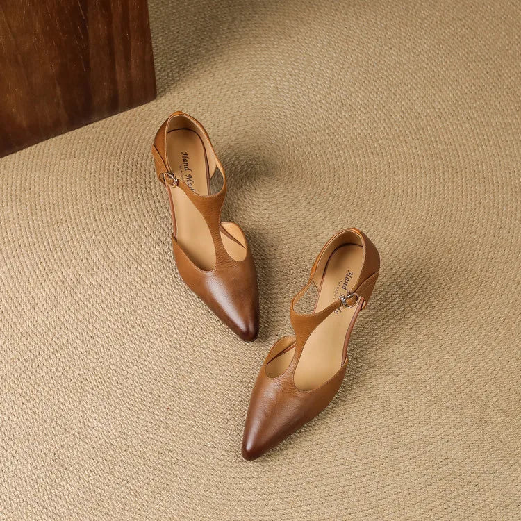 Women's Leather T-Strap High Heels Pointed Toe Pumps Shoes