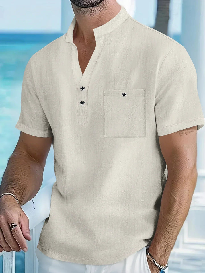 Men's Linen Henley Shirt Short Sleeve Casual Beach Top