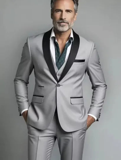 Men's Wool Shawl Lapel 3 Piece Tuxedo Suit Wedding Formal Slim Fit
