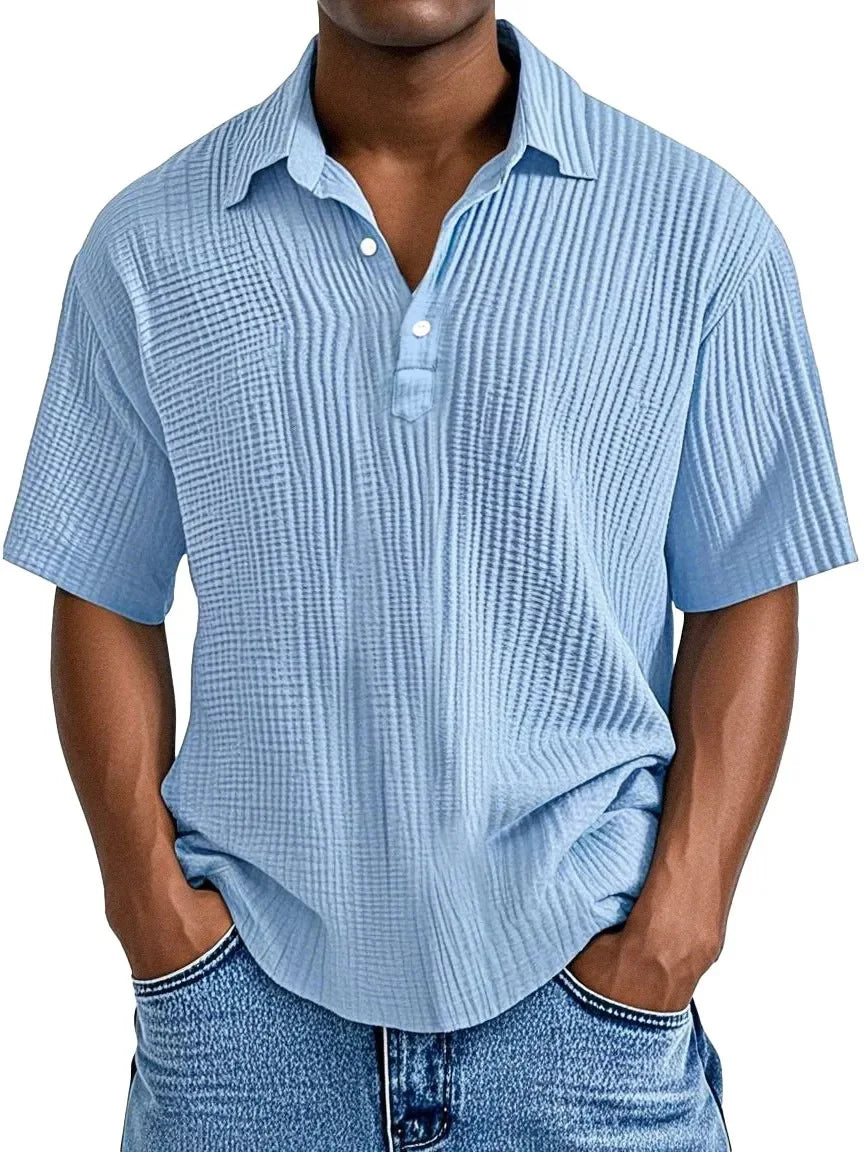 Men's Ribbed Knit Polo Shirt Short Sleeve Casual Top