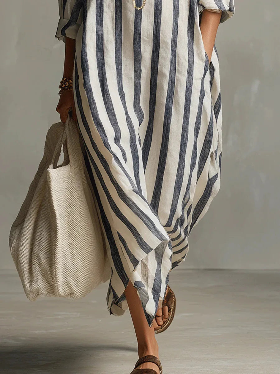 Women's Striped Linen Maxi Shirt Dress