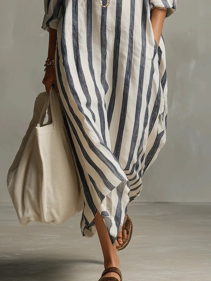 Women's Striped Linen Maxi Shirt Dress
