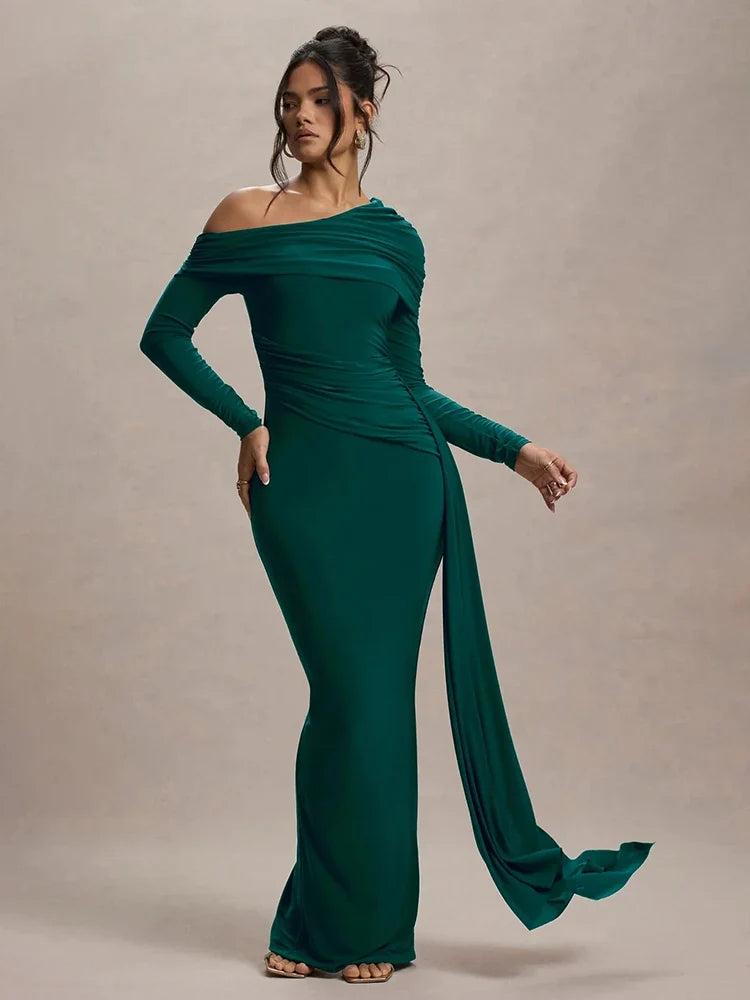 Women Knit Blend Off Shoulder Ruched Asymmetric Evening Maxi Dress