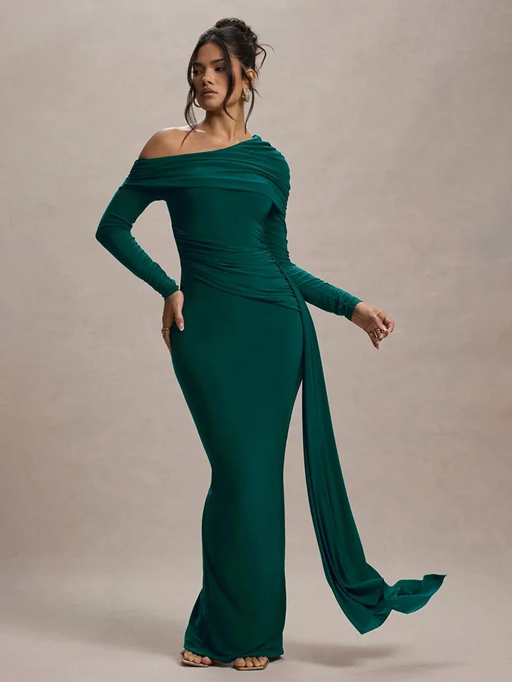 Women Knit Blend Off Shoulder Ruched Asymmetric Evening Maxi Dress