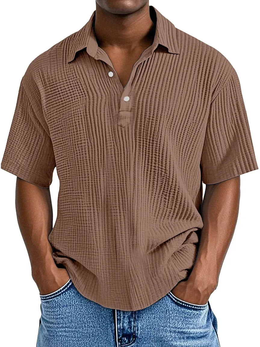 Men's Ribbed Knit Polo Shirt Short Sleeve Casual Top