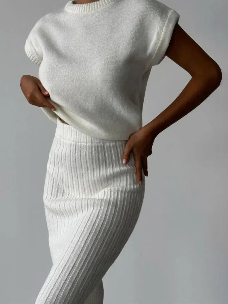 Women Knit Midi Skirt and Short Sleeve Top Two- Piece Set