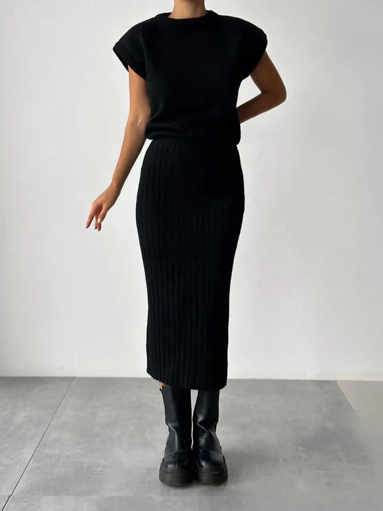 Women Knit Midi Skirt and Short Sleeve Top Two- Piece Set