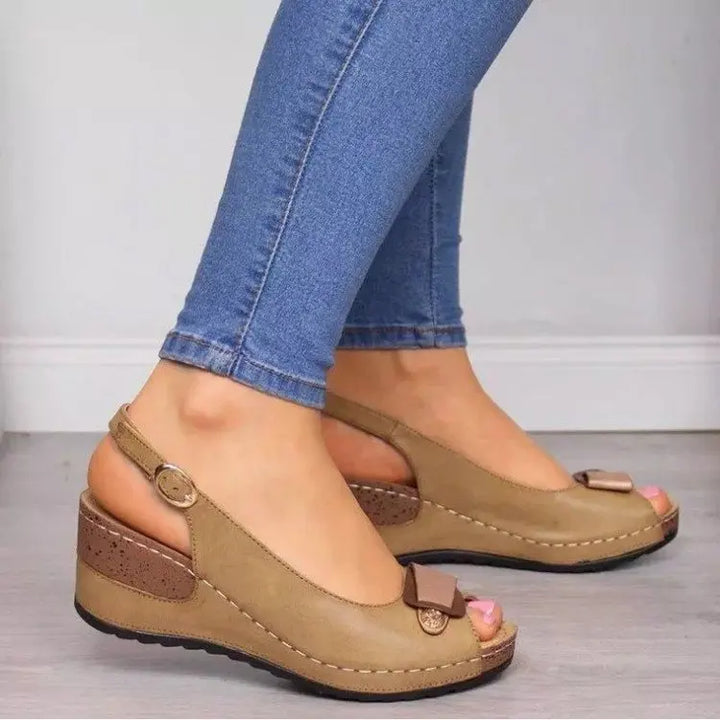 Women's Leather Peep Toe Wedge Sandals Slingback Heel Platform Shoes