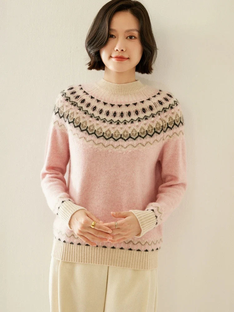 Women's Wool Knit Sweater Pullover Crewneck Fair Isle Knitwear