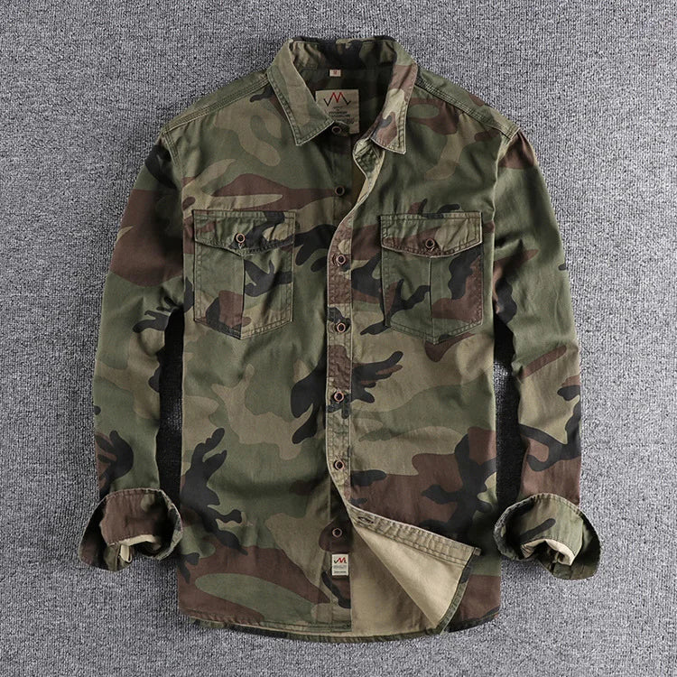 Men's Camo Overshirt Military Casual Long Sleeve Cargo Jacket