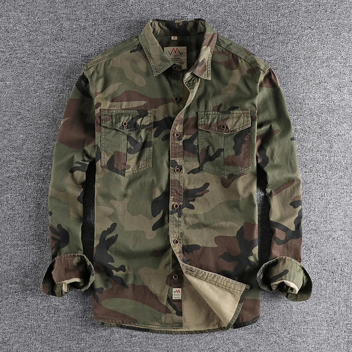 Men's Camo Overshirt Military Casual Long Sleeve Cargo Jacket