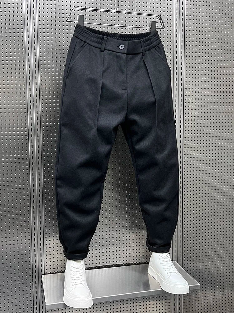 Men's Wool Pleated Tapered Trousers with Elastic Waist