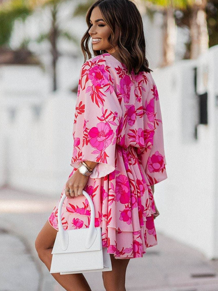 Women's Floral Chiffon Mini Dress V-Neck Ruffle Sun Dress