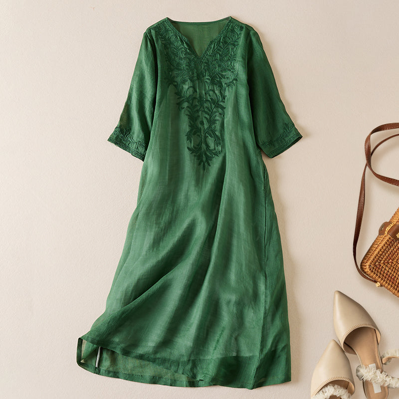 Robe midi imprimée en lin à col en V pour femme