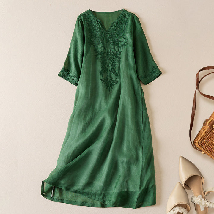 Robe midi imprimée en lin à col en V pour femme