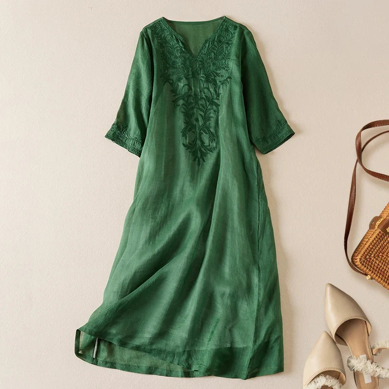 Robe midi imprimée en lin à col en V pour femme