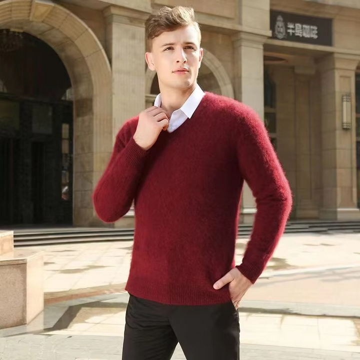 Men's V-Neck Merino Wool Sweater Pullover Knit Jumper Top