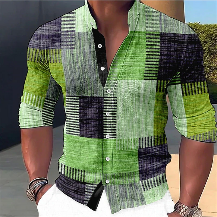 Men’s Geometric-Print Linen Mandarin Collar Shirt