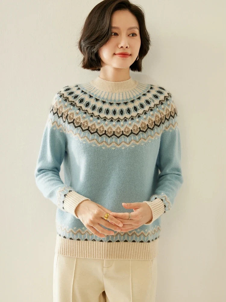 Women's Wool Knit Sweater Pullover Crewneck Fair Isle Knitwear