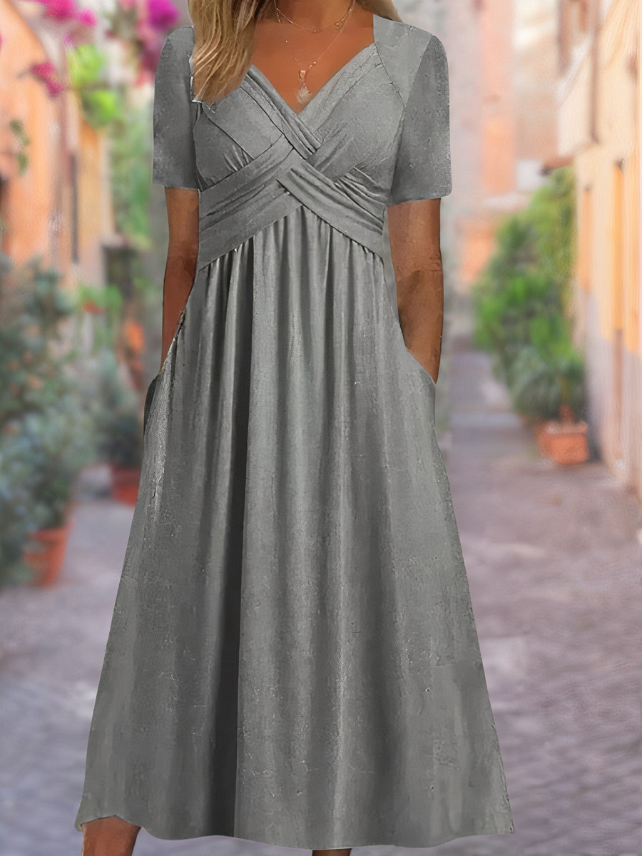 Women's Linen V-Neck Empire Waist Midi Dress