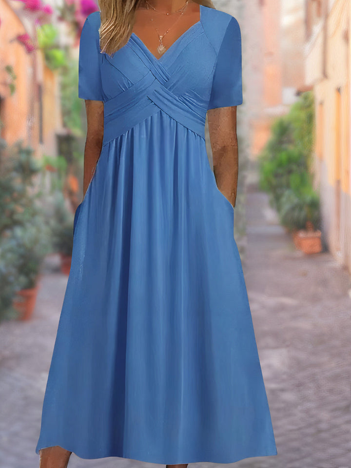 Women's Linen V-Neck Empire Waist Midi Dress