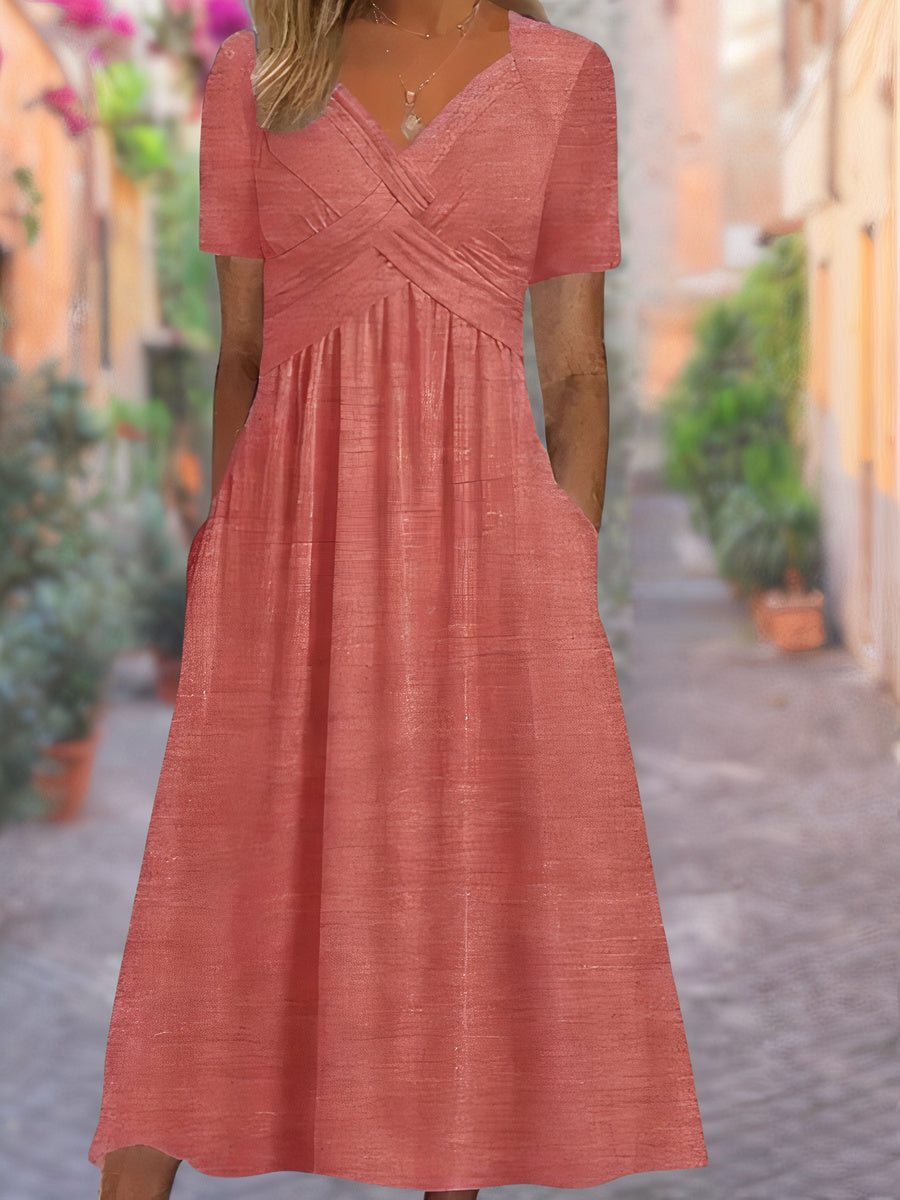 Women's Linen V-Neck Empire Waist Midi Dress