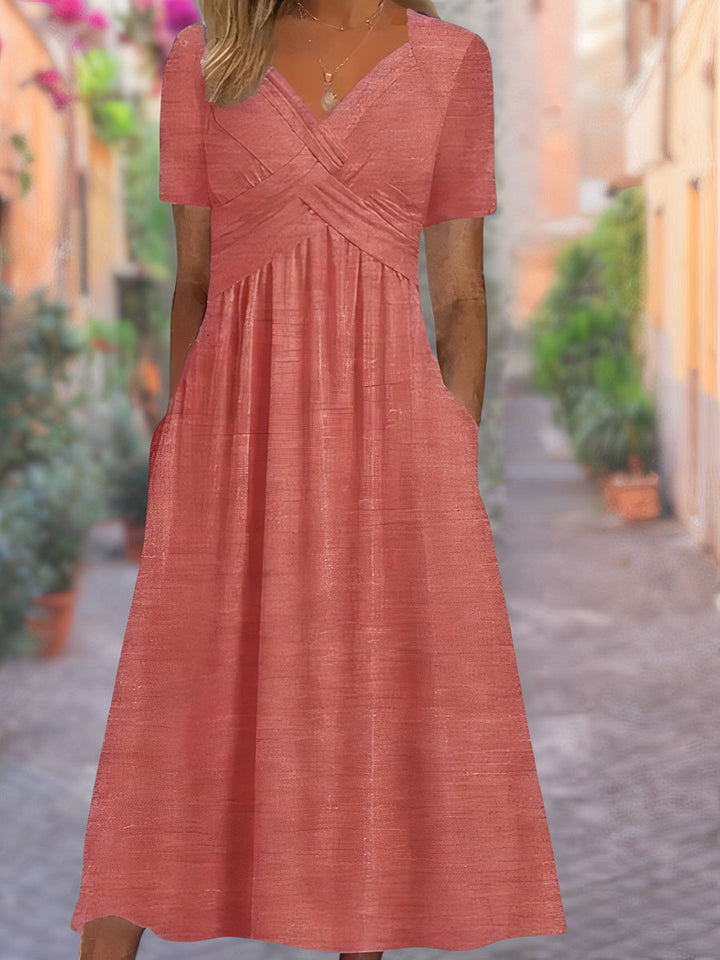 Women's Linen V-Neck Empire Waist Midi Dress