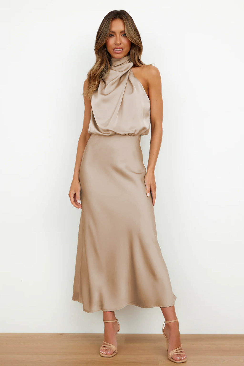 Women's Silk Satin High Neck Halter Midi Dress
