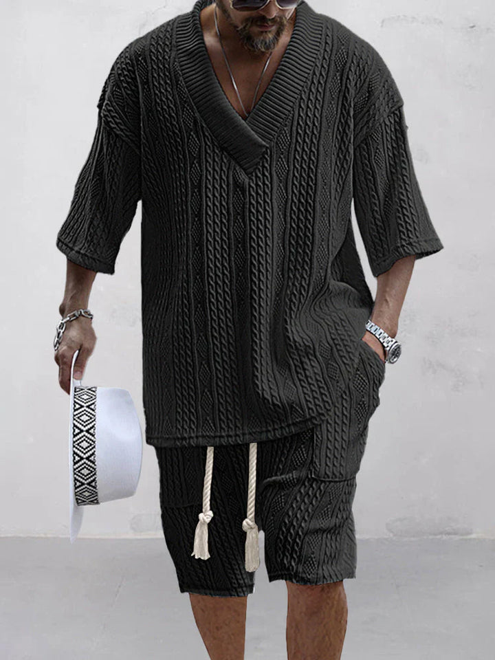 Men's Knit Two-Piece V-Neck Shirt Relaxed Fit Shorts Co-ord Set