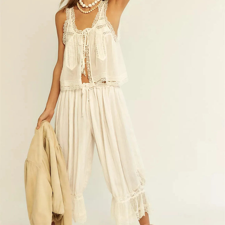 Women's Linen Lace Blouse Pants Set