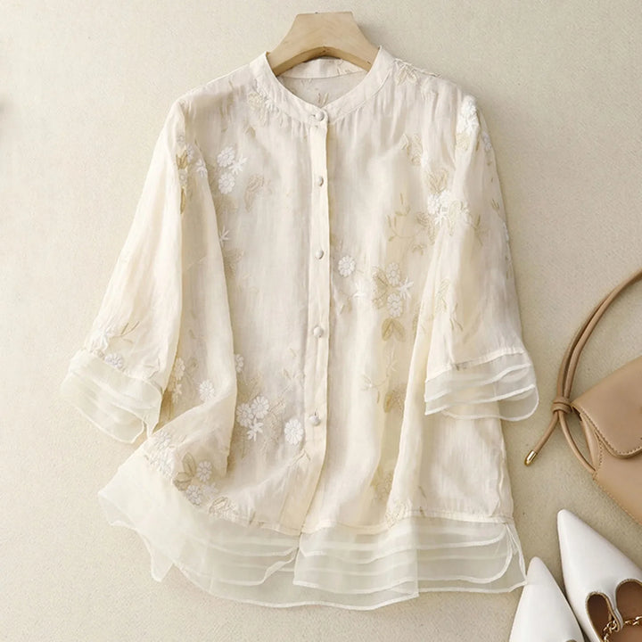 Women's Floral Embroidered Linen Blend Blouse Shirt Top