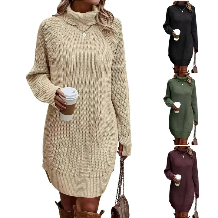 Women’s Ribbed Knit Turtleneck Long-Sleeve Mini Sweater Dress