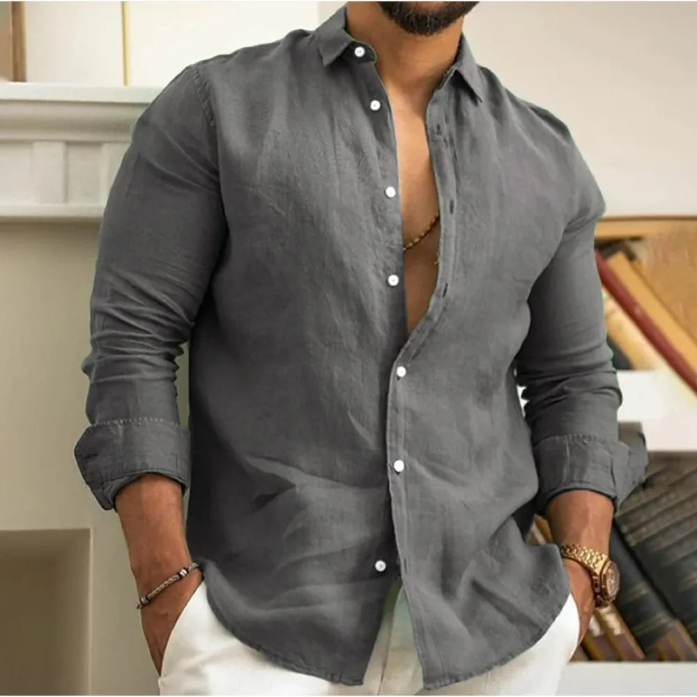 Men's Linen Blend Long Sleeve Casual Button Down Shirt