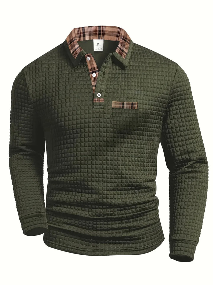 Polo à carreaux à manches longues pour homme, en maille mélangée