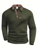 Polo à carreaux à manches longues pour homme, en maille mélangée
