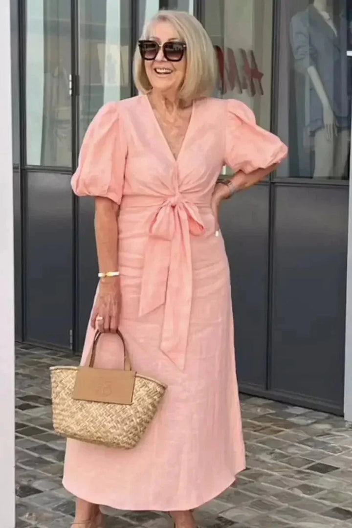 Women's Linen Wrap Midi Dress Short Puff Sleeve V Neck Tie