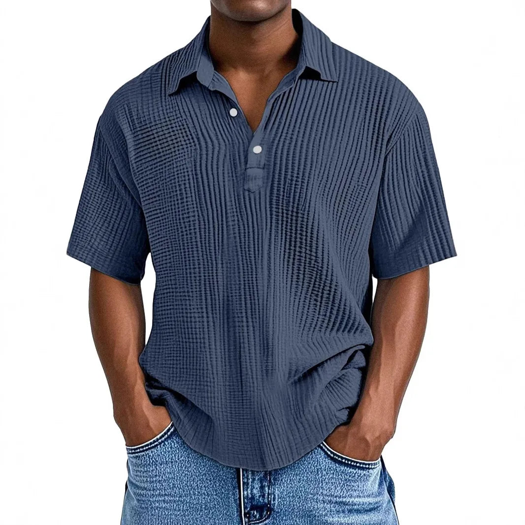 Men's Ribbed Knit Polo Shirt Short Sleeve Casual Top